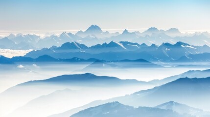 Scenery of the Blue Snow Mountain Range,panoramic view of the Alps&mdash;Towering Peaks in Azure Tones, Snow-Capped Summits & Vast Landscapes, Nature&rsquo;s Breathtaking Alpine Canvas.