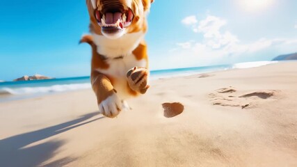 Corgi dog running energetically on sandy beach with ocean and blue sky background. Dynamic low angle shot capturing dog's joyful movement and expression. - Powered by Adobe