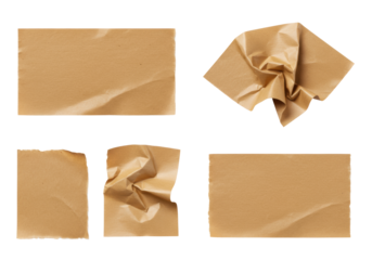 Four distinct brown kraft paper packing tape pieces, one crumpled, three flat with torn edges, isolated against a transparent background with copy space, top-down view, studio lighting, realistic