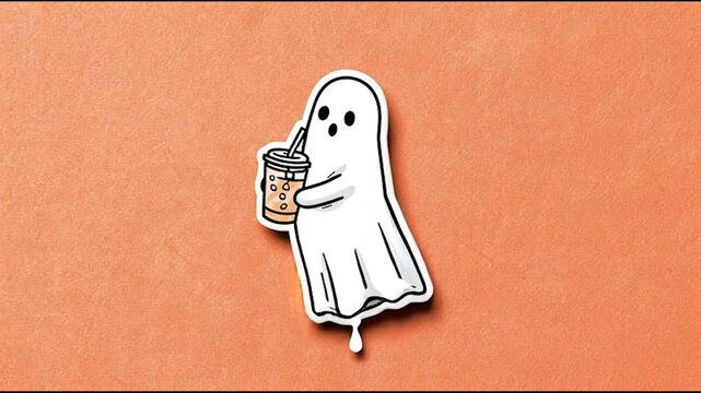 A cute cartoon ghost holding a bubble tea drink on a textured orange background.