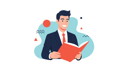 A smiling businessman in a suit reading an open book with a bright orange cover in a modern flat design illustration