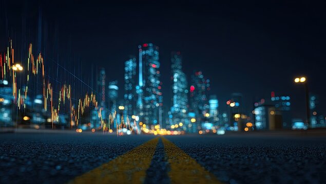 Blurry city night view with financial charts overlaid - Powered by Adobe