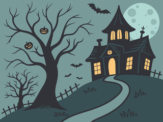 Spooky Halloween Night Scene with Haunted House Bare Trees Bats Pumpkins and a Full Moon