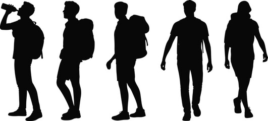 hiker silhouettes, backpackers walking, outdoor adventure clipart, hiking vector figures, men walking silhouettes, trekking black icons, hikers with backpacks, walking person clipart