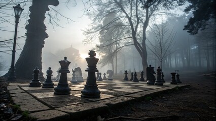 People strategize their game on a chessboard near a monument, overlooking a serene park and a quiet graveyard