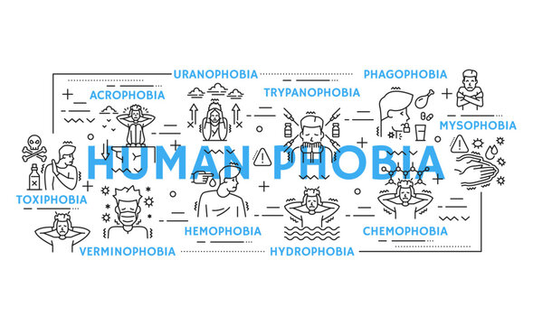 Human phobia, psychology problems, mental health infographic banner with linear icons representing psychological disorders and fears acrophobia, hydrophobia, hemophobia, mysophobia and verminophobia