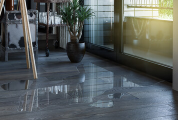 Water leaking on dark wooden floor