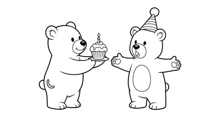 Isolated Coloring Page of Bears Celebrating Birthday