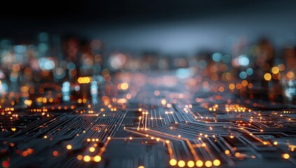 Futuristic cityscape overlaid with circuit board