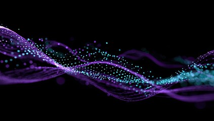 Abstract wave of glowing particles on black background
