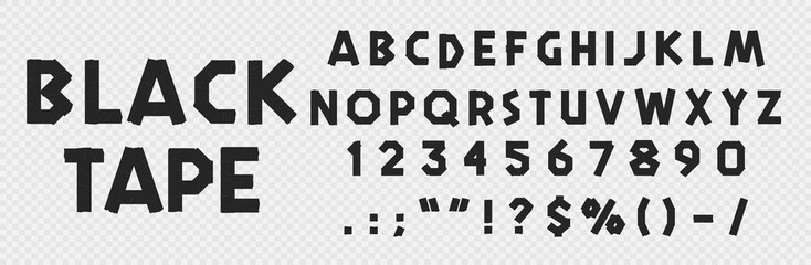 Realistic black sticky tape font, adhesive duct tape type alphabet letters, paper scotch typeface. Vector masking or duct sticky tape letters and numbers with wrinkled texture. Sticker font alphabet