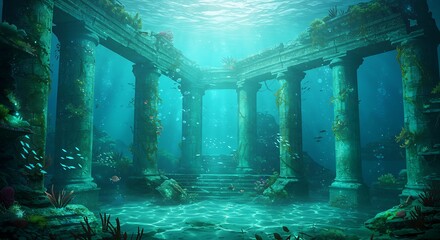 Ancient temple ruins with large columns submerged on the ocean floor, illuminated by sunlight from above.