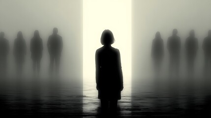 A somber mysterious atmosphere with a central figure casting a long shadow under dramatic lighting,