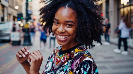 Confident Urban Beauty Stunning Street Portrait of a Woman with Large Afro, Exuding Charisma and City Charm.