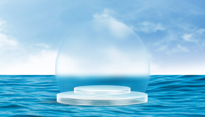 Glass podium display on ocean water with transparent crystal sphere and cloudy blue sky. Minimalist 3D showcase for product or cosmetic branding.
