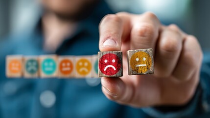 A persons hand holds two wooden blocks with painted emoticons, one red with a frowning face,