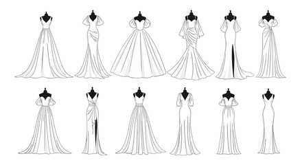 Fototapeta premium Elegant white evening gowns and wedding dresses collection for formal occasions and celebrations displayed on mannequins