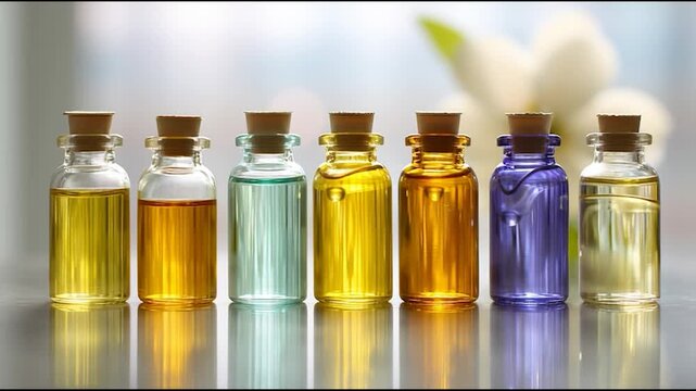 Seven glass bottles filled with colorful oils are arranged in a row, each sealed with a cork, with a soft floral background.