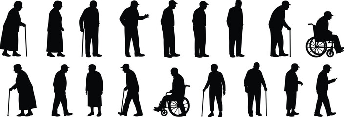 Silhouettes of elderly people standing, walking, using canes and wheelchairs, senior men and women isolated on white background, black shadow