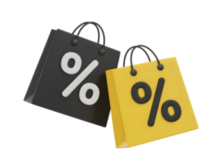 Black and Yellow Shopping Bags with Percentage Symbols isolated on a transparent background discount