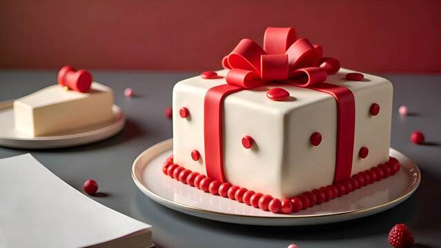 Cake piece, pink gift box with mastic. Red bow. 
Appetizing red polka dot cake. Sweet gift on grey background, blurred. Beautiful dessert on a white plate. View present. Copy space. Romantic.