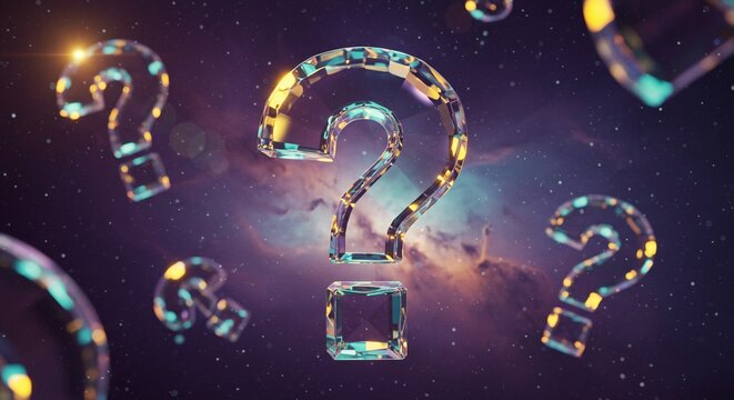 Floating, crystalline question marks set against a backdrop reminiscent of a nebula, creating a sense of mystery and exploration. - Powered by Adobe