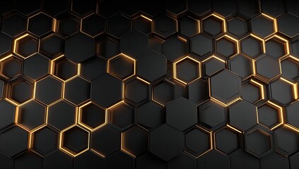 Abstract geometric background of dark hexagons with glowing gold accents