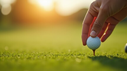 hand of a golfer preparing to tee off a white golf ball on a lush green course under warm sunlight, showcasing focus and precision in the game of golf.
