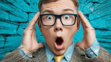 A young man wearing glasses holds his head in shock against a vibrant blue background,
