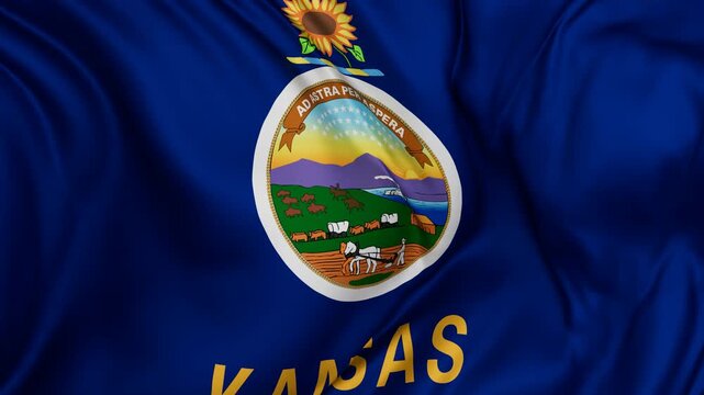 Kansas US state flag swaying in the wind, looped endless cycled video, completely full screen covers flag background