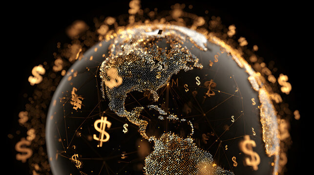 Golden earth globe with dollar signs floating around it on a black background and connected lines