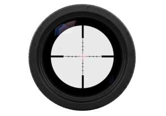 Ultra-realistic circular sniper scope with matte black metal casing and crystal-clear optical glass lens, showcasing finely etched sharp white crosshair reticle lines, isolated on a seamless pure