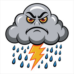Vector angry cloud with rain and lightning isolated on white background. Perfect for storm warnings, weather forecasts, and dramatic nature visuals.