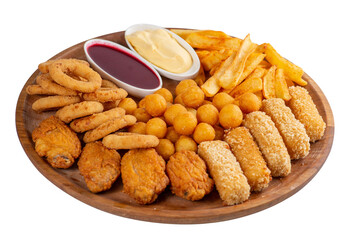 Large board with deep-fried breaded appetizers and sauces