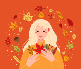 A beautiful woman with an autumn bouquet. Autumn vertical postcard. Hand-drawn style.