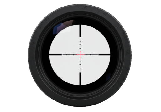 Ultra-realistic circular sniper scope with matte black metal casing and crystal-clear optical glass lens, showcasing finely etched sharp white crosshair reticle lines, isolated on a seamless pure