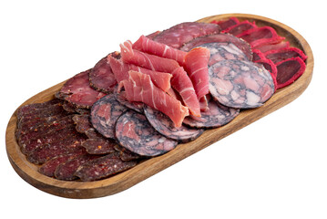 Board with a set of sausages of different varieties for appetizers