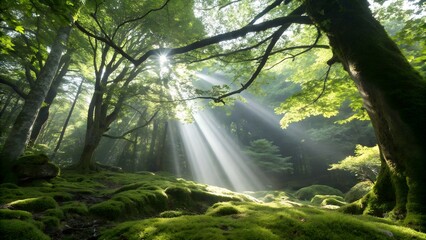 Bright morning sunlight cuts through the deep forest, creating stunning light beams that illuminate the soft green moss on the ground.