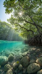 Sunlight streams through lush green mangrove trees, illuminating crystal clear blue water showing roots and rocks below the surface.