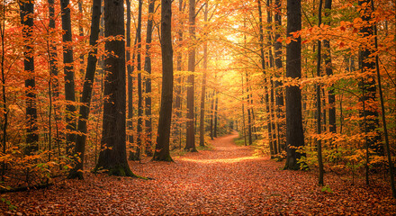 Golden autumn foliage creates a winding pathway through a tranquil forest landscape at sunset