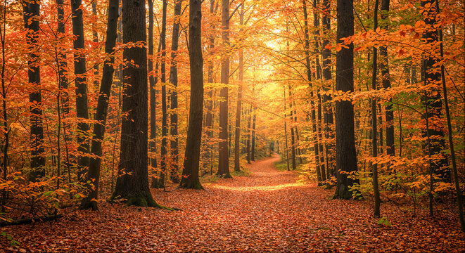 Golden autumn foliage creates a winding pathway through a tranquil forest landscape at sunset