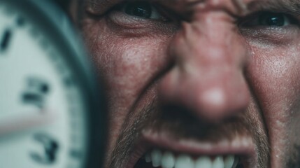 A close-up of a tense face with clenched teeth and flushed skin, showing anger or pressure,