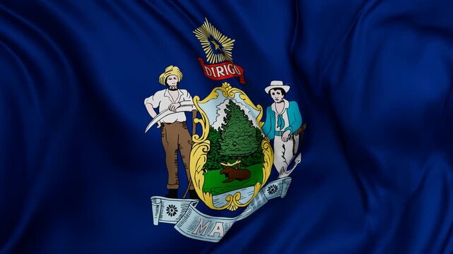 Maine US state flag swaying in the wind, looped endless cycled video, completely full screen covers flag background