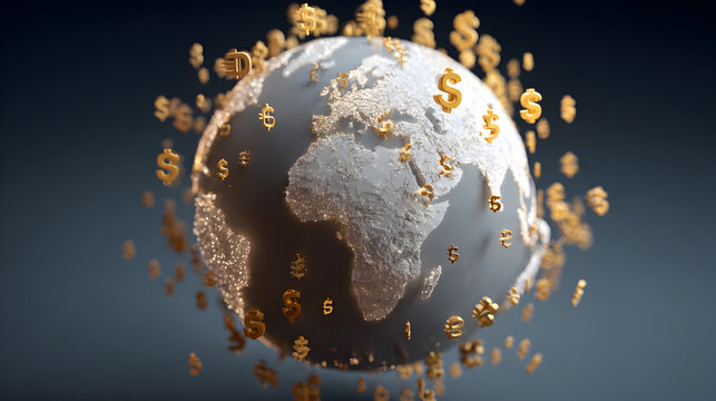 A globe surrounded by floating gold currency symbols against a dark gray background design concept