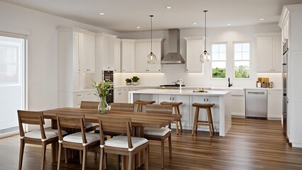 Bright and Modern Kitchen Design with Dining Table and White Cabinets offering Contemporary Interior Styling with Functional Island and Natural Light