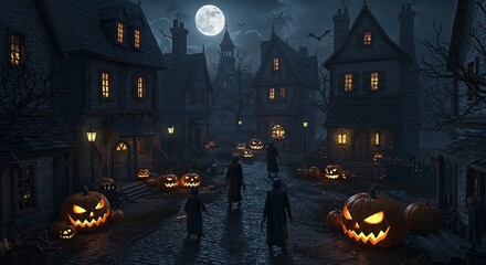 Sinister village street with carved pumpkins and lanterns