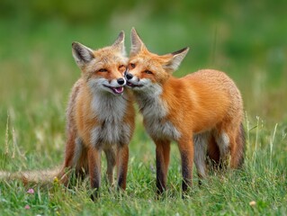Obraz premium Two red foxes interacting affectionately on grassy meadow, wildlife behavior, vibrant fur colors, natural outdoor setting, ideal for nature and animal photography use 