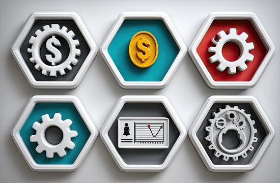 Six hexagonal icons, featuring gears, dollar signs, and graphs, on a white background
