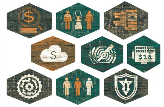 Hexagonal icons, rustic wood texture, various business and finance related concepts