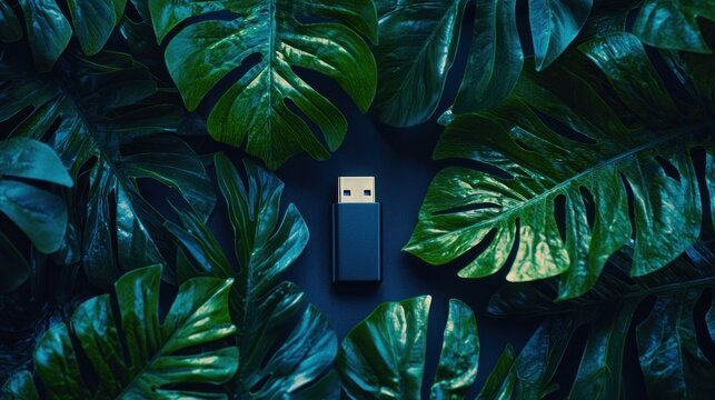 USB drive centrally placed in dense, dark green Monstera leaf jungle